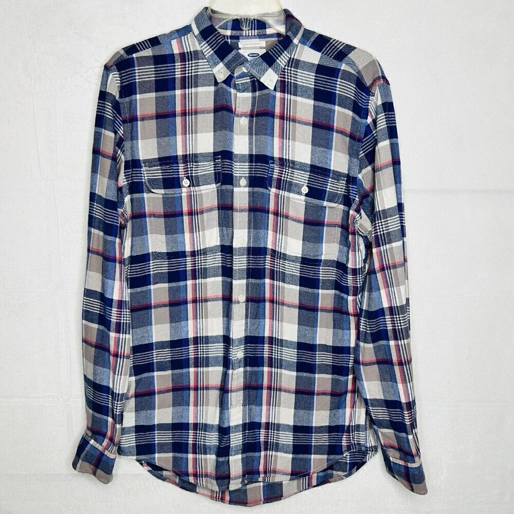 Old Navy Flannel Button Down Shirt Slim Fit Mens Size M Tall Blue White Plaid